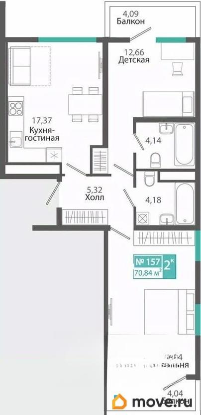 2-комн. квартира, 70.84 м&sup2;