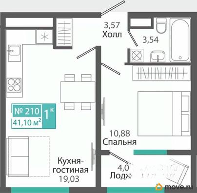 1-комн. квартира, 41.1 м&sup2;