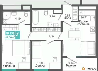 2-комн. квартира, 64.06 м&sup2;