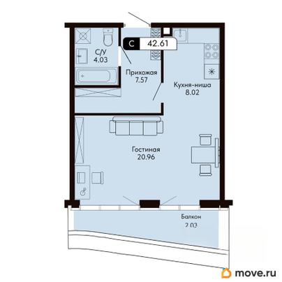 студия, 42.61 м&sup2;