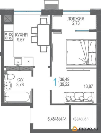 1-комн. квартира, 39.63 м&sup2;