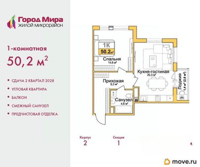 1-комн. квартира, 50.2 м&sup2;