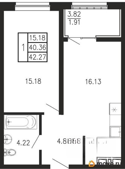 1-комн. квартира, 42.27 м&sup2;