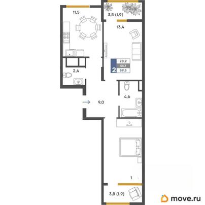 2-комн. квартира, 59.5 м&sup2;
