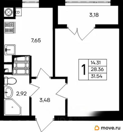 1-комн. квартира, 31.54 м&sup2;