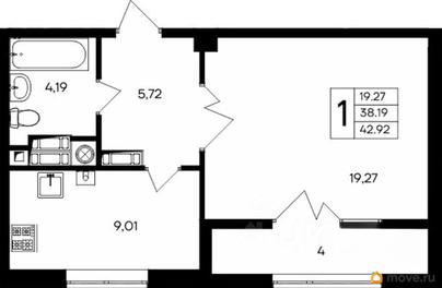 1-комн. квартира, 43.18 м&sup2;