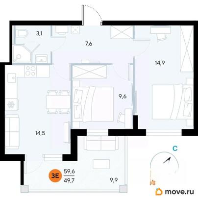 2-комн. апартаменты, 59.6 м&sup2;