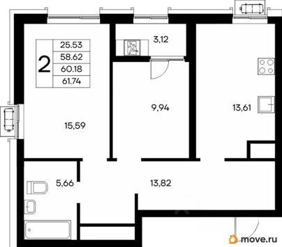 2-комн. квартира, 61.74 м&sup2;