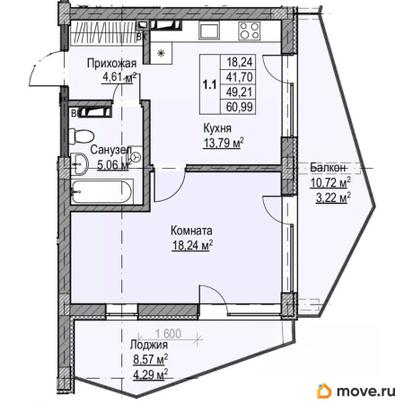 1-комн. квартира, 49.21 м&sup2;