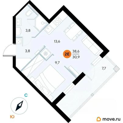 1-комн. апартаменты, 38.6 м&sup2;