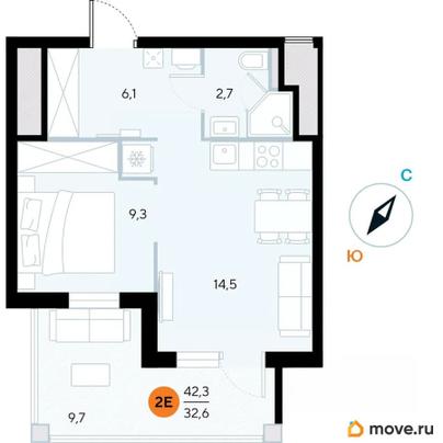 1-комн. апартаменты, 42.3 м&sup2;