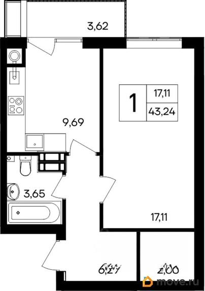 1-комн. квартира, 43.24 м&sup2;