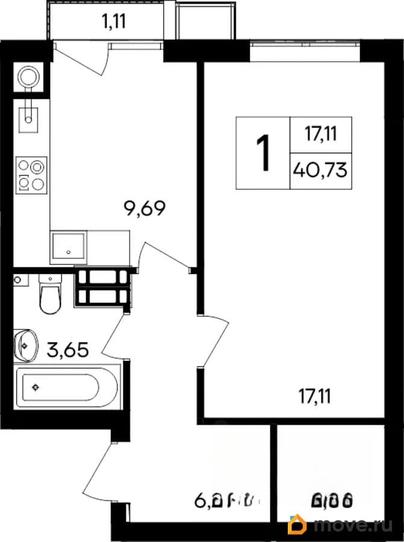 1-комн. квартира, 40.73 м&sup2;