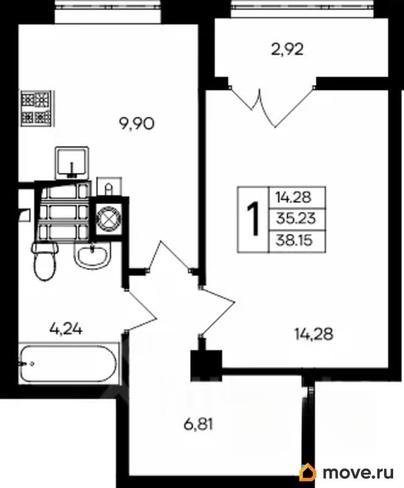1-комн. квартира, 38.15 м&sup2;