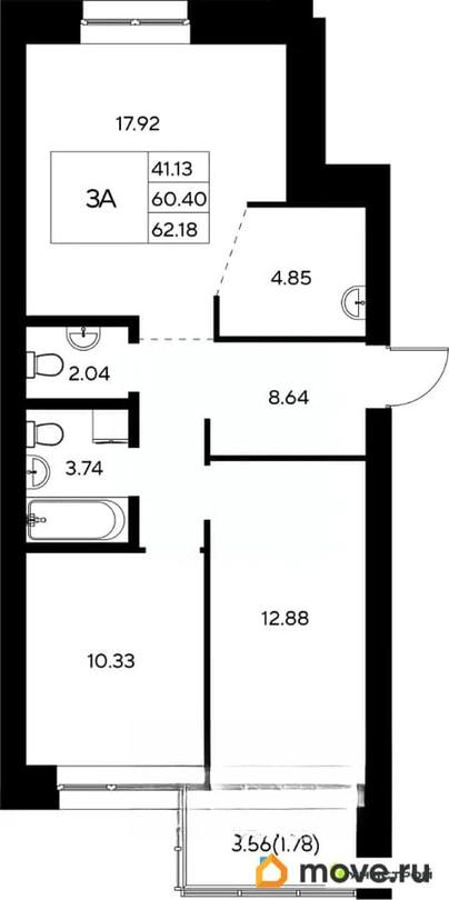 3-комн. квартира, 62.18 м&sup2;