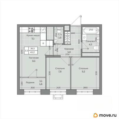 3-комн. квартира, 45.21 м&sup2;
