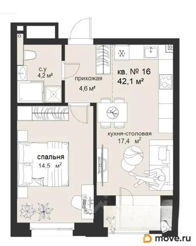 1-комн. квартира, 42.1 м&sup2;