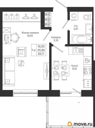 1-комн. квартира, 38.17 м&sup2;
