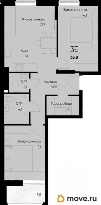 3-комн. квартира, 64.1 м&sup2;