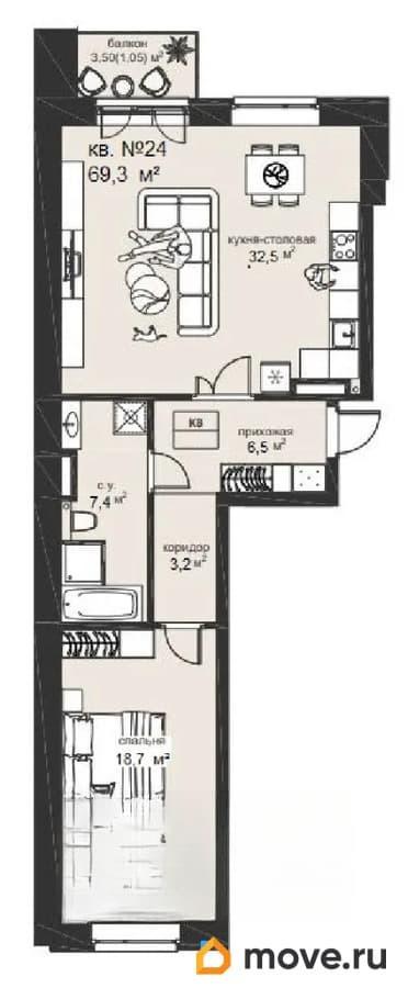 2-комн. квартира, 69.3 м&sup2;