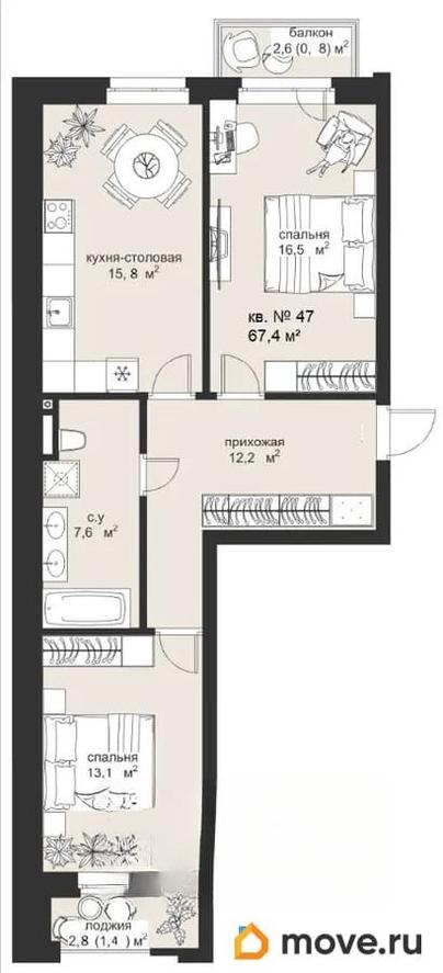 2-комн. квартира, 67.4 м&sup2;