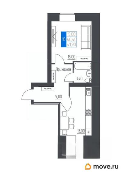 1-комн. квартира, 41.9 м&sup2;