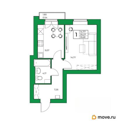 1-комн. квартира, 35.81 м&sup2;