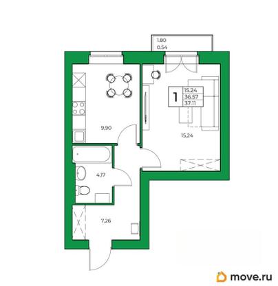 1-комн. квартира, 37.11 м&sup2;