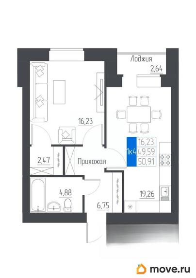 1-комн. квартира, 50.91 м&sup2;