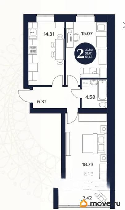 2-комн. квартира, 61.43 м&sup2;