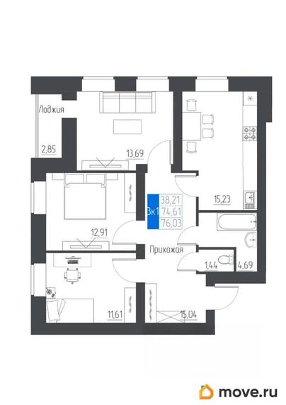 3-комн. квартира, 76.03 м&sup2;
