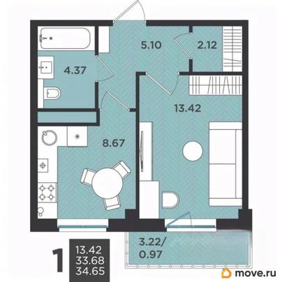 1-комн. квартира, 34.65 м&sup2;