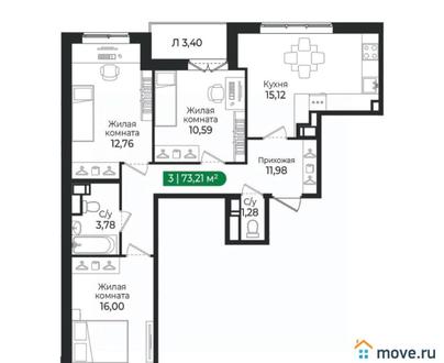 3-комн. квартира, 73.21 м&sup2;