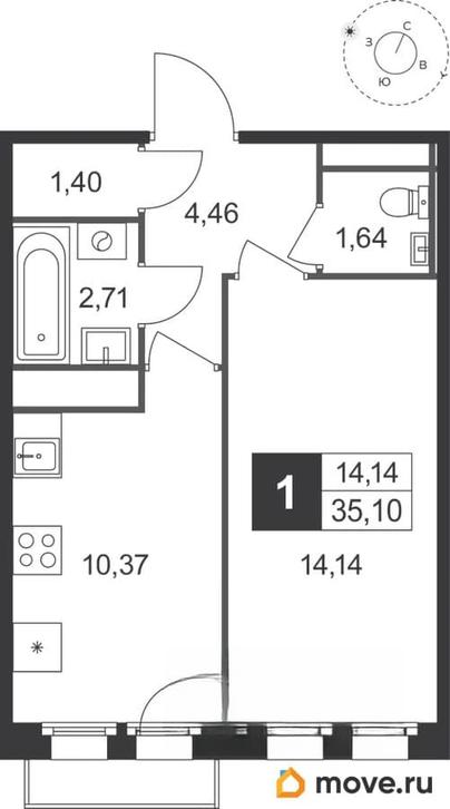 1-комн. квартира, 35.1 м&sup2;