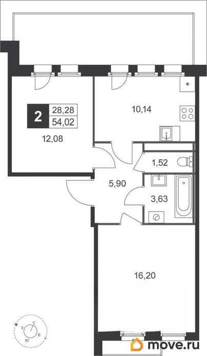2-комн. квартира, 54.02 м&sup2;