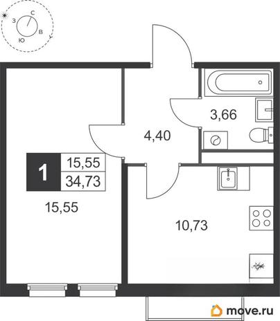 1-комн. квартира, 34.73 м&sup2;