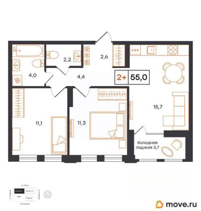 2-комн. квартира, 55 м&sup2;