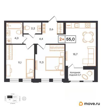 2-комн. квартира, 55 м&sup2;