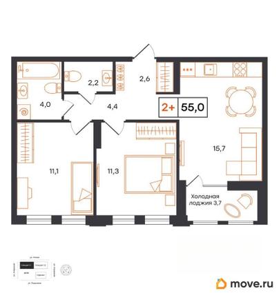 2-комн. квартира, 55 м&sup2;