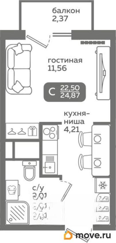 студия, 22.5 м&sup2;