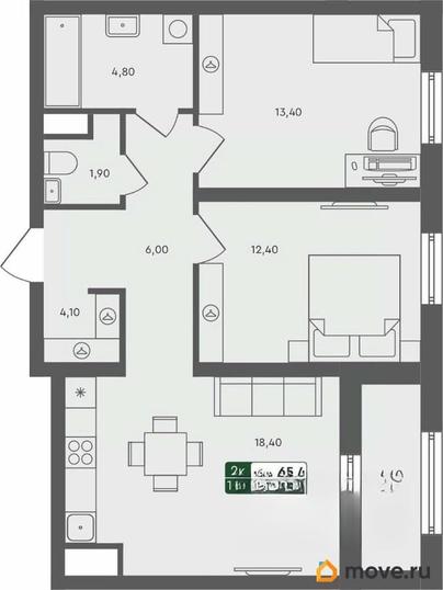 2-комн. квартира, 65.4 м&sup2;