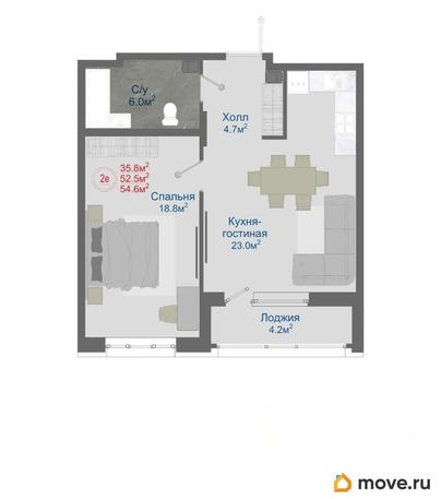 2-комн. квартира, 54.6 м&sup2;