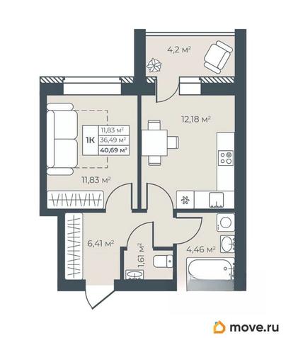 1-комн. квартира, 40.69 м&sup2;