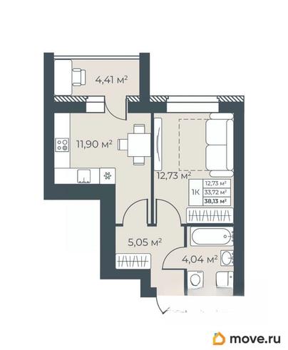 1-комн. квартира, 38.13 м&sup2;