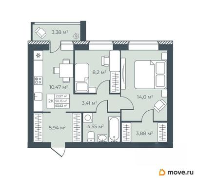 2-комн. квартира, 53.53 м&sup2;