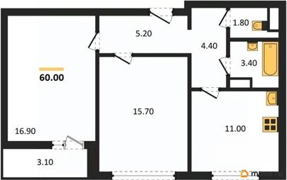 2-комн. квартира, 60 м&sup2;