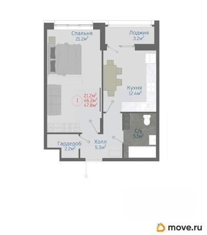 1-комн. квартира, 47.8 м&sup2;