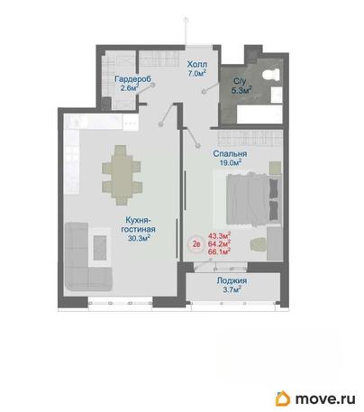 2-комн. квартира, 66.1 м&sup2;