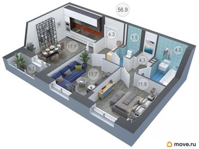 2-комн. квартира, 57.2 м&sup2;