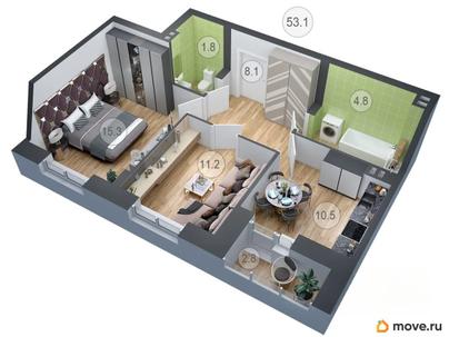 2-комн. квартира, 53.2 м&sup2;